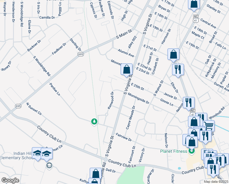 map of restaurants, bars, coffee shops, grocery stores, and more near 2616 Kenwood Drive in Hopkinsville