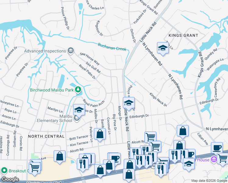 map of restaurants, bars, coffee shops, grocery stores, and more near 604 Virginius Drive in Virginia Beach