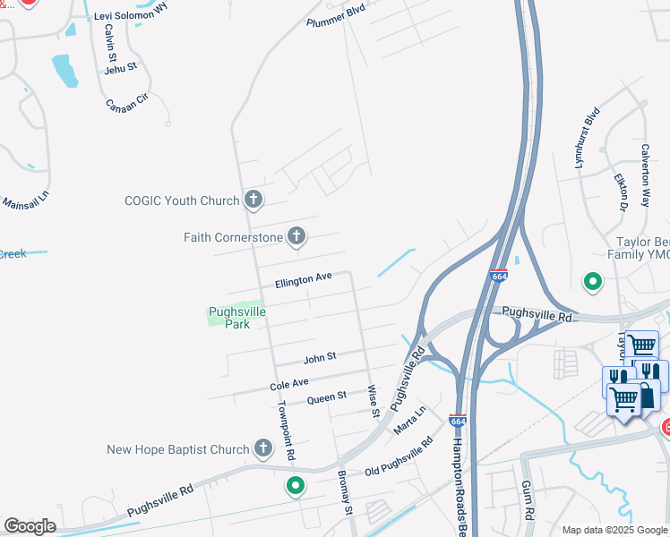 map of restaurants, bars, coffee shops, grocery stores, and more near 4536 Ellington Avenue in Suffolk