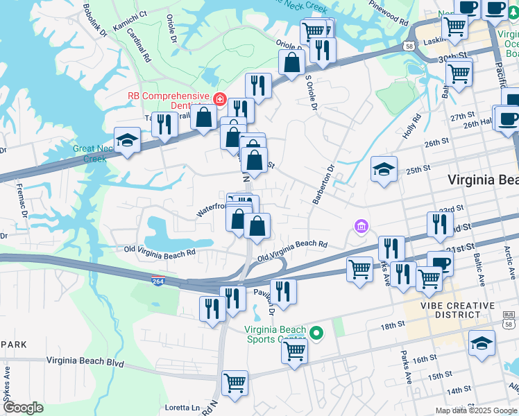 map of restaurants, bars, coffee shops, grocery stores, and more near 3433 Marabou Lane in Virginia Beach
