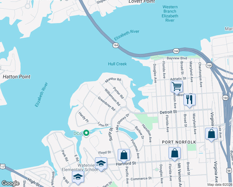 map of restaurants, bars, coffee shops, grocery stores, and more near 111 Williamson Road in Portsmouth