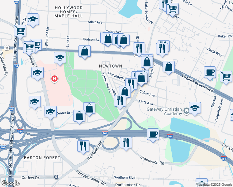 map of restaurants, bars, coffee shops, grocery stores, and more near 6616 Stoney Point South in Norfolk