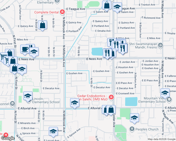 map of restaurants, bars, coffee shops, grocery stores, and more near 1191 East Nees Avenue in Fresno