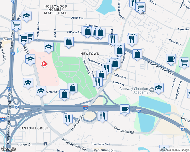 map of restaurants, bars, coffee shops, grocery stores, and more near 6616 Stoney Point South in Norfolk