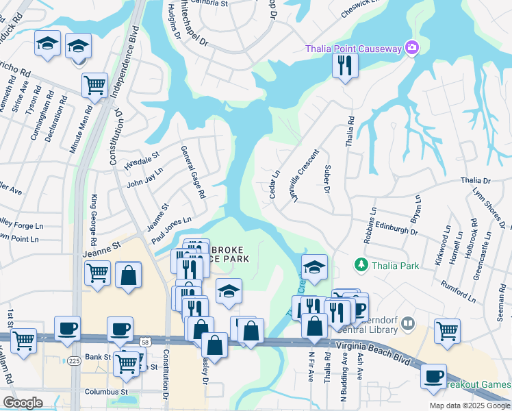 map of restaurants, bars, coffee shops, grocery stores, and more near 507 Cedar Lane in Virginia Beach