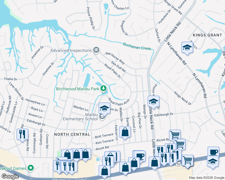 map of restaurants, bars, coffee shops, grocery stores, and more near 3524 Blue Marlin Circle in Virginia Beach