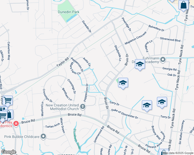 map of restaurants, bars, coffee shops, grocery stores, and more near 3801 Peppercorn Way in Chesapeake