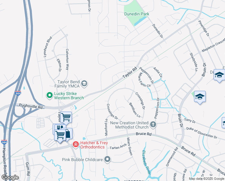 map of restaurants, bars, coffee shops, grocery stores, and more near 2927 Crossings Drive in Chesapeake