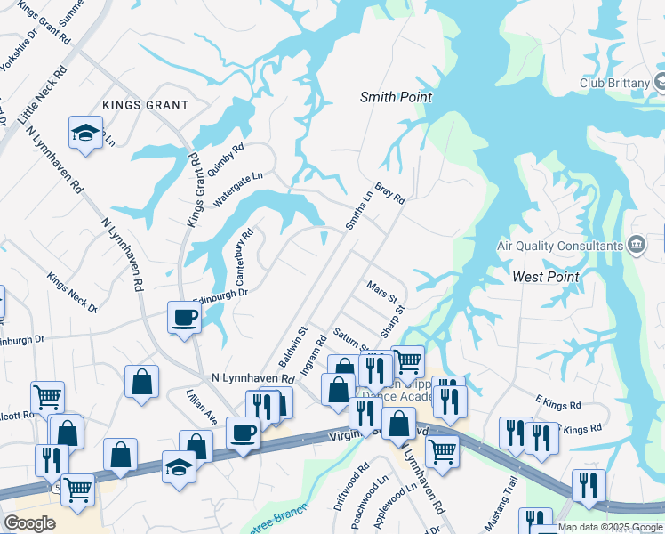 map of restaurants, bars, coffee shops, grocery stores, and more near 493 Baldwin Street in Virginia Beach