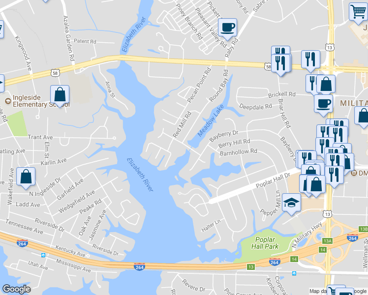 map of restaurants, bars, coffee shops, grocery stores, and more near 5337 River Edge Road in Norfolk