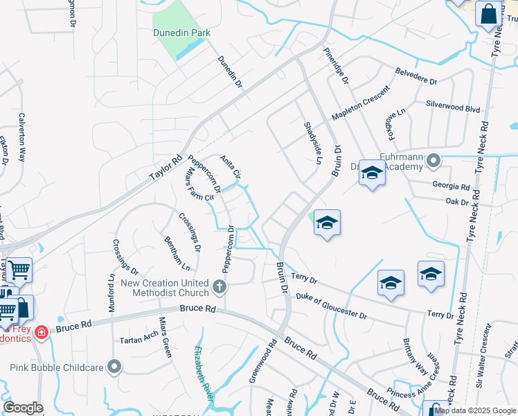 map of restaurants, bars, coffee shops, grocery stores, and more near 3801 Peppercorn Way in Chesapeake