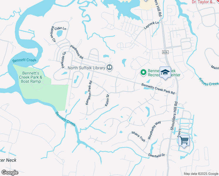 map of restaurants, bars, coffee shops, grocery stores, and more near 3507 Ludlow Cove in Suffolk