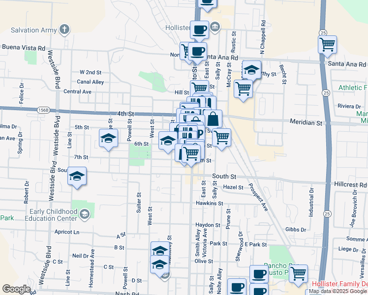 map of restaurants, bars, coffee shops, grocery stores, and more near 335 6th Street in Hollister