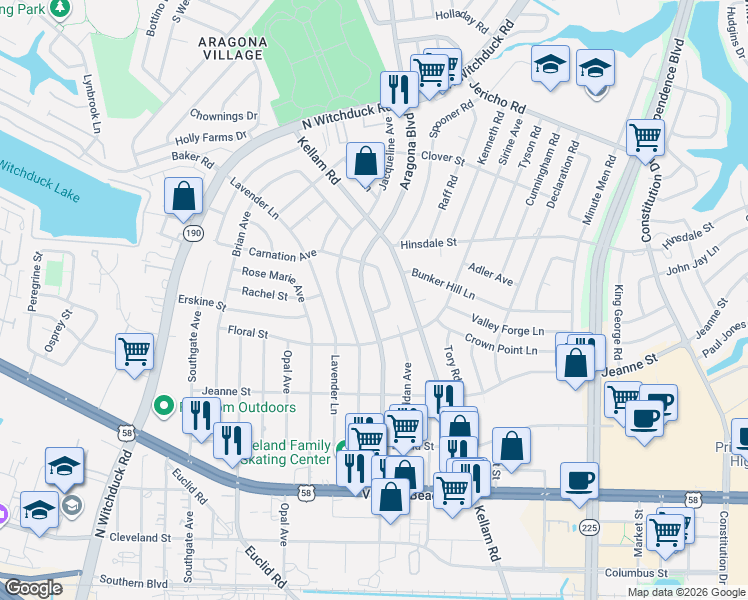 map of restaurants, bars, coffee shops, grocery stores, and more near 517 Carnation Avenue in Virginia Beach
