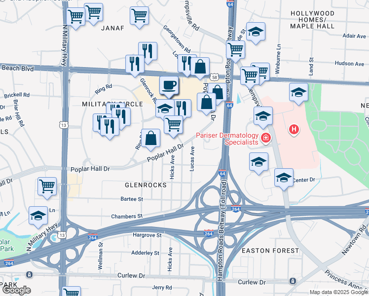 map of restaurants, bars, coffee shops, grocery stores, and more near 532 Glenrock Road in Norfolk