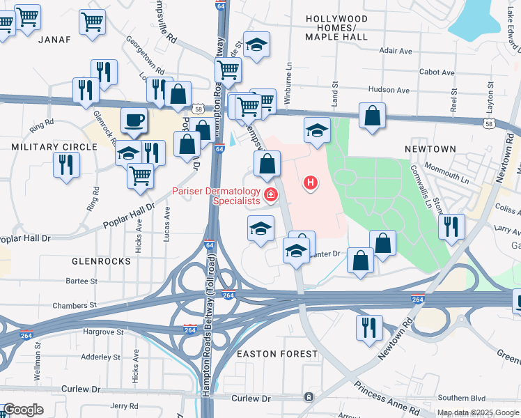 map of restaurants, bars, coffee shops, grocery stores, and more near 6162 Kempsville Circle in Norfolk