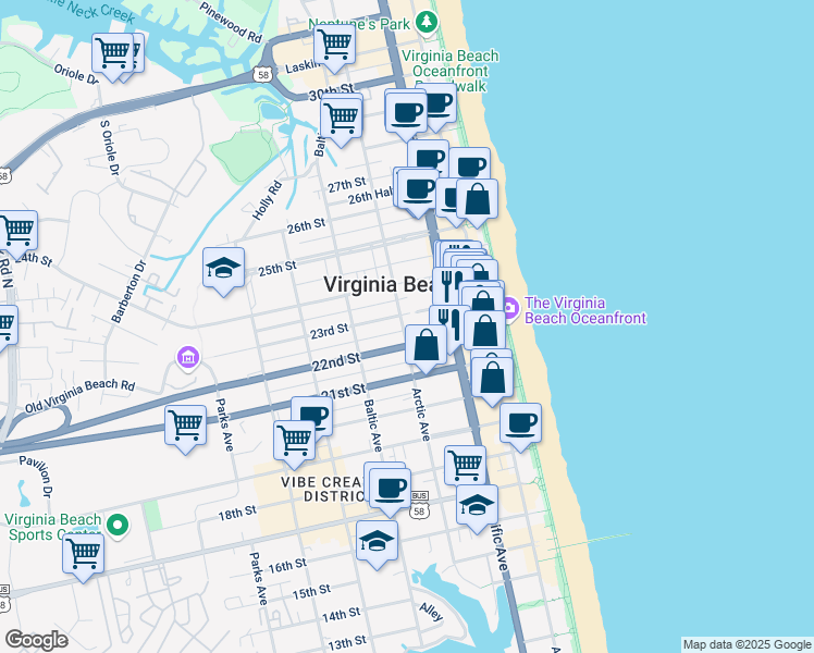 map of restaurants, bars, coffee shops, grocery stores, and more near 308 23rd Street in Virginia Beach