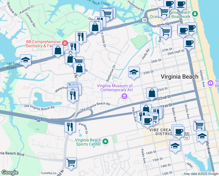 map of restaurants, bars, coffee shops, grocery stores, and more near 540 Barberton Drive in Virginia Beach
