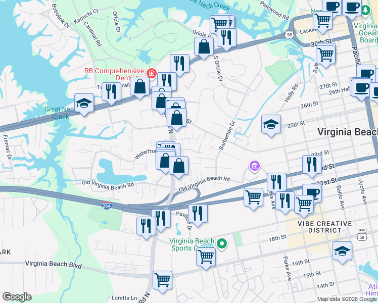 map of restaurants, bars, coffee shops, grocery stores, and more near 3433 Marabou Lane in Virginia Beach