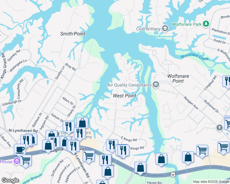 map of restaurants, bars, coffee shops, grocery stores, and more near 524 Chesopeian Trail in Virginia Beach