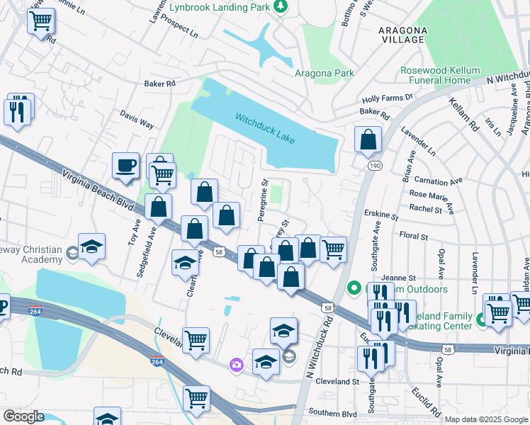 map of restaurants, bars, coffee shops, grocery stores, and more near 418 Peregrine Street in Virginia Beach