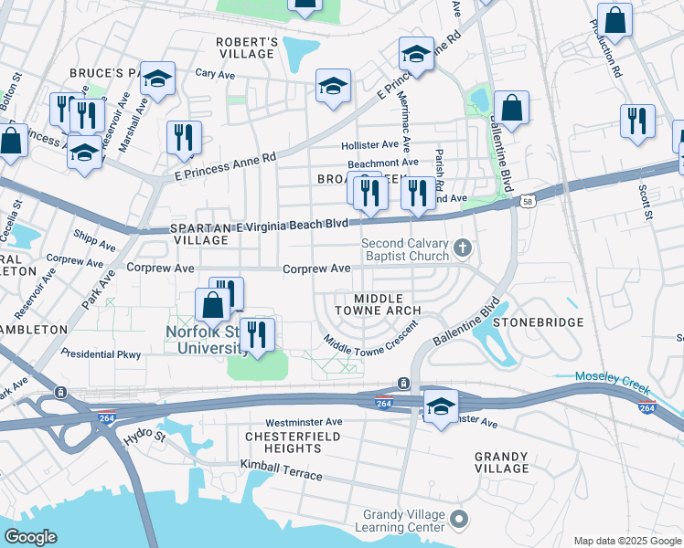 map of restaurants, bars, coffee shops, grocery stores, and more near 947 Norchester Avenue in Norfolk