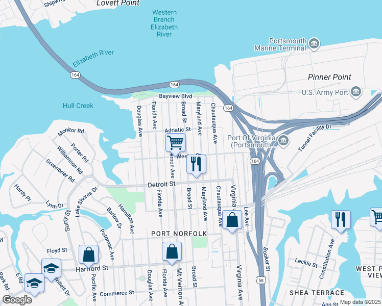 map of restaurants, bars, coffee shops, grocery stores, and more near 251 Broad Street in Portsmouth