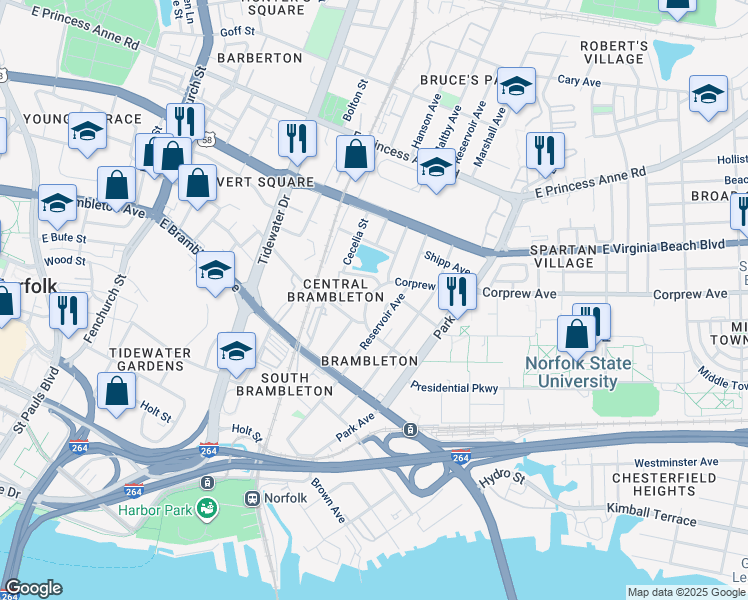 map of restaurants, bars, coffee shops, grocery stores, and more near 824 Maltby Crescent in Norfolk