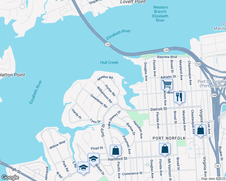 map of restaurants, bars, coffee shops, grocery stores, and more near 207 Porter Road in Portsmouth