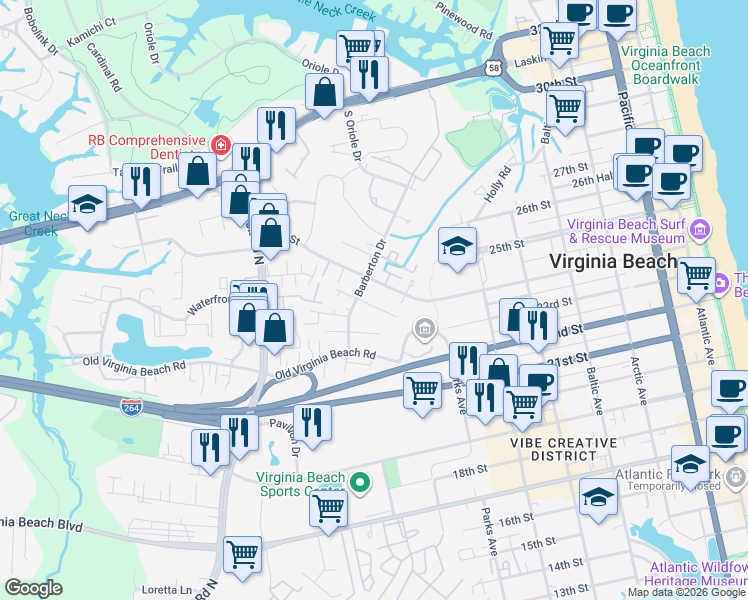 map of restaurants, bars, coffee shops, grocery stores, and more near 540 Barberton Drive in Virginia Beach