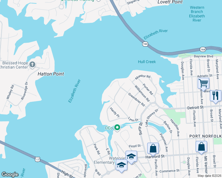 map of restaurants, bars, coffee shops, grocery stores, and more near 19 Warwick Street in Portsmouth