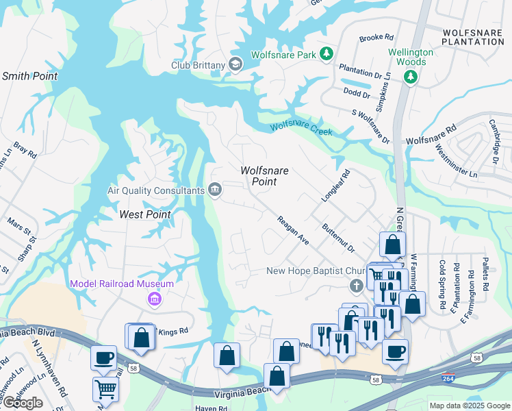 map of restaurants, bars, coffee shops, grocery stores, and more near 2544 Cove Point Place in Virginia Beach