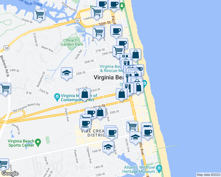 map of restaurants, bars, coffee shops, grocery stores, and more near 406 23rd Street in Virginia Beach