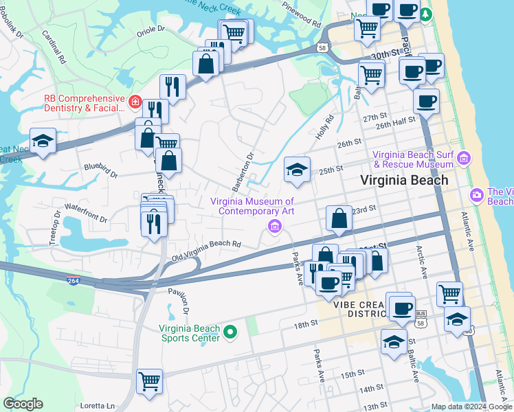 map of restaurants, bars, coffee shops, grocery stores, and more near 822 24th Street in Virginia Beach