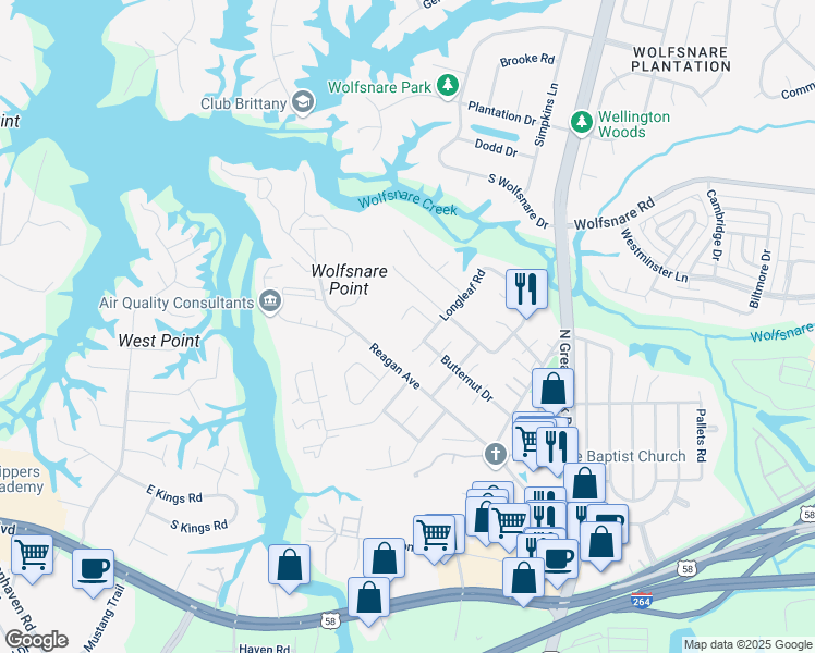 map of restaurants, bars, coffee shops, grocery stores, and more near 2515 Longleaf Court in Virginia Beach