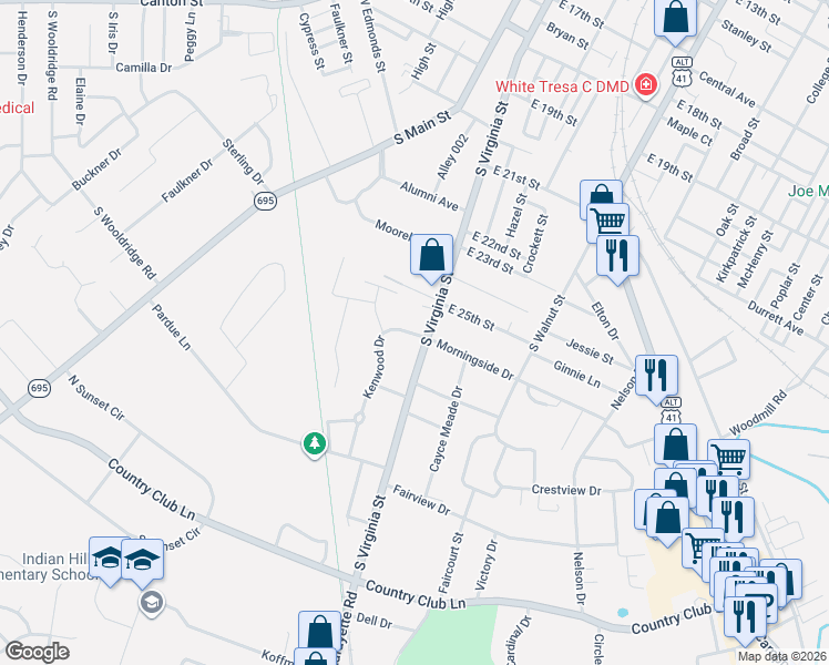 map of restaurants, bars, coffee shops, grocery stores, and more near 2601-2611 Kenwood Drive in Hopkinsville