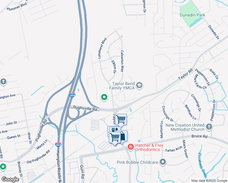 map of restaurants, bars, coffee shops, grocery stores, and more near 3137 Lynnhurst Boulevard in Chesapeake