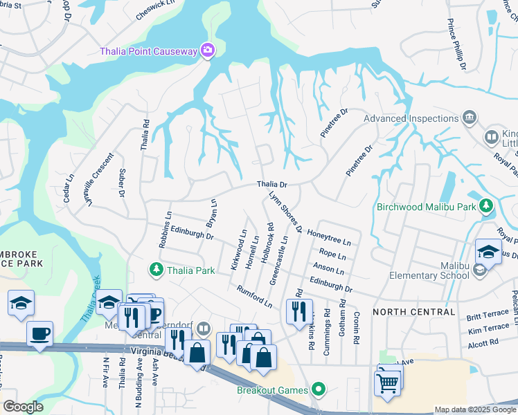 map of restaurants, bars, coffee shops, grocery stores, and more near 549 Holbrook Road in Virginia Beach