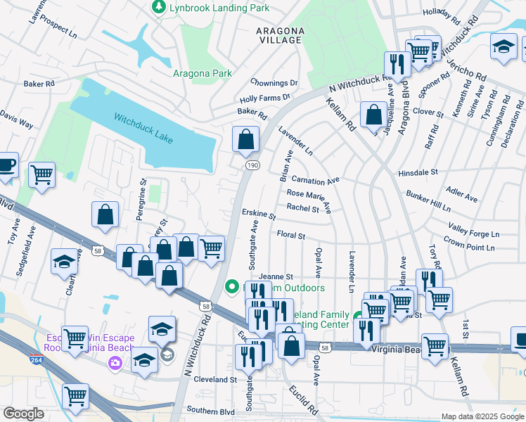 map of restaurants, bars, coffee shops, grocery stores, and more near 500 Southgate Avenue in Virginia Beach