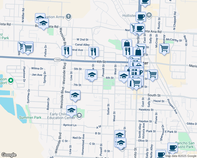 map of restaurants, bars, coffee shops, grocery stores, and more near 639 6th Street in Hollister