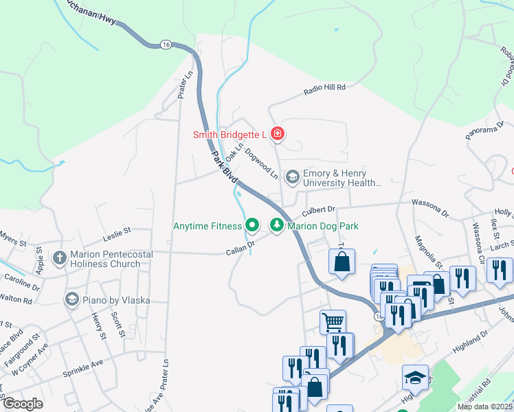 map of restaurants, bars, coffee shops, grocery stores, and more near 658 Park Boulevard in Marion