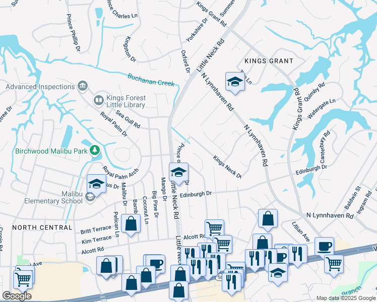 map of restaurants, bars, coffee shops, grocery stores, and more near 3361 King Richard Court in Virginia Beach