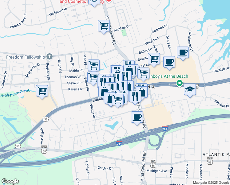 map of restaurants, bars, coffee shops, grocery stores, and more near 1756 Laskin Rd in Virginia Beach