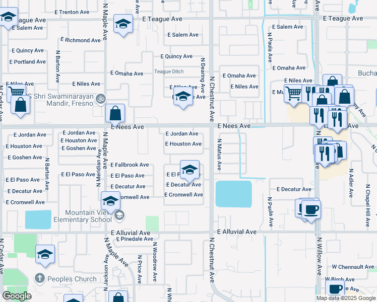 map of restaurants, bars, coffee shops, grocery stores, and more near 2378 East Goshen Avenue in Fresno