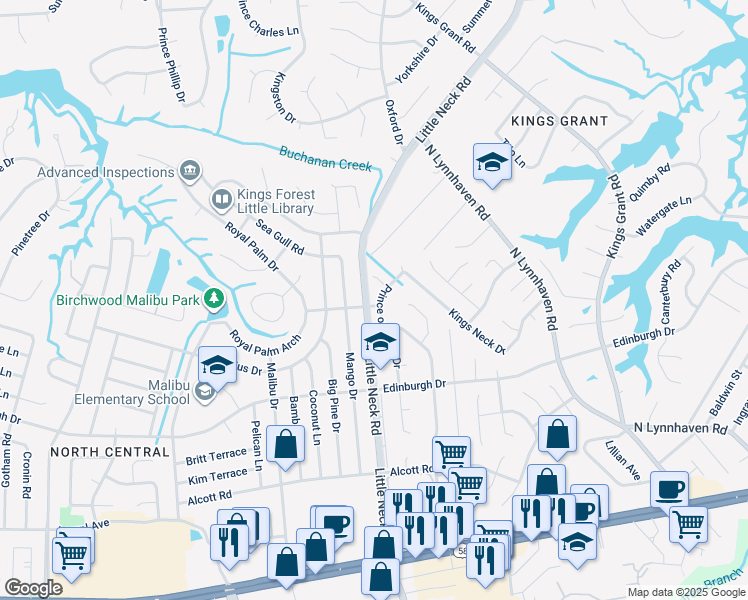 map of restaurants, bars, coffee shops, grocery stores, and more near 601 Prince of Wales Drive in Virginia Beach