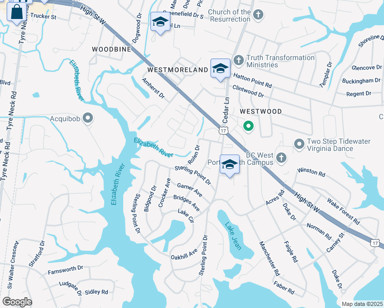 map of restaurants, bars, coffee shops, grocery stores, and more near 3114 Rolen Drive in Portsmouth