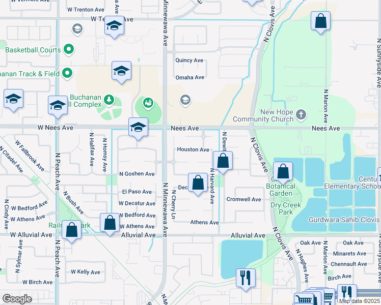 map of restaurants, bars, coffee shops, grocery stores, and more near 226 Houston Avenue in Clovis
