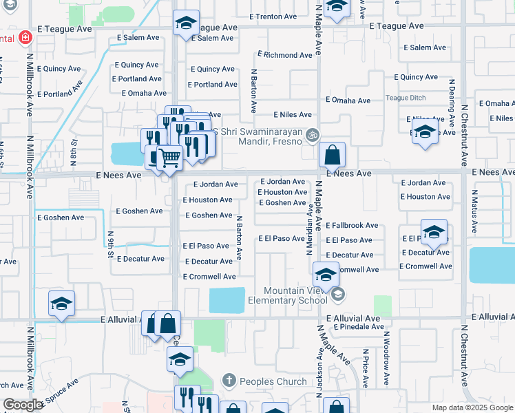 map of restaurants, bars, coffee shops, grocery stores, and more near 1779 East Goshen Avenue in Fresno