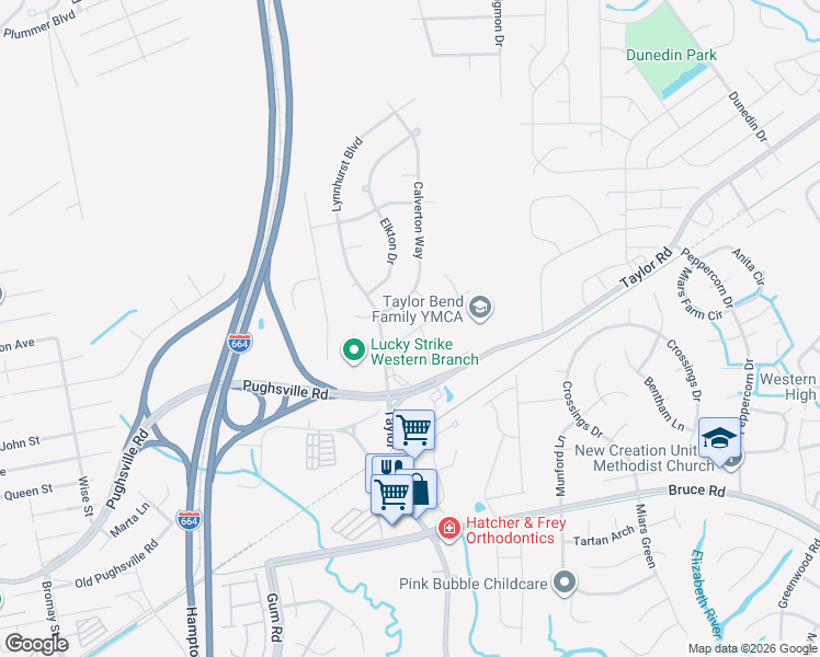 map of restaurants, bars, coffee shops, grocery stores, and more near 3104 Moneta Drive in Chesapeake