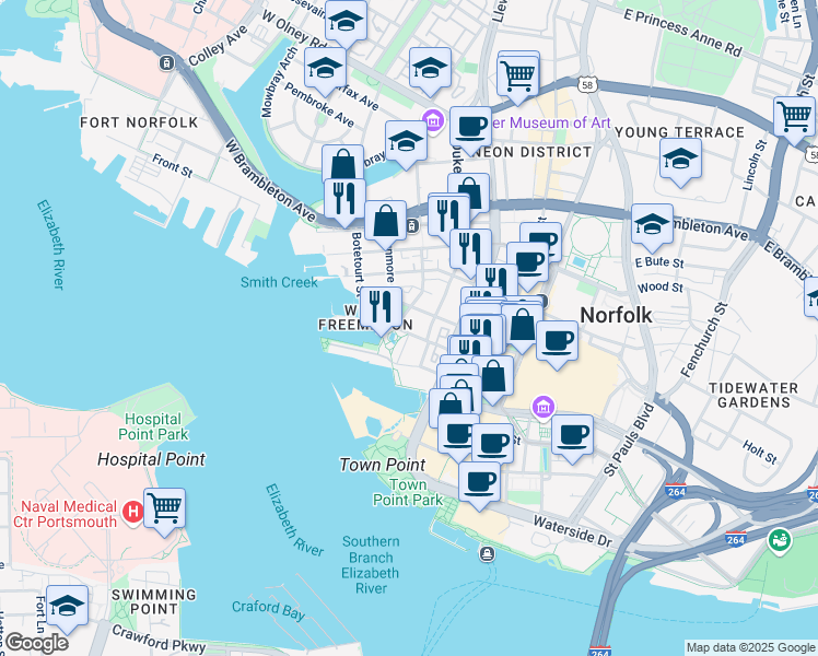 map of restaurants, bars, coffee shops, grocery stores, and more near 262 West Tazewell Street in Norfolk